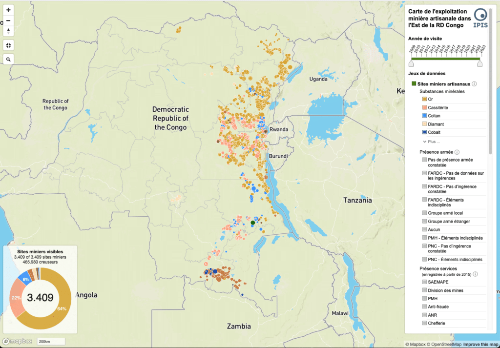 IPIS interactive webmap of artisanal mining in eastern DRC, showing over 3,400 mapped sites